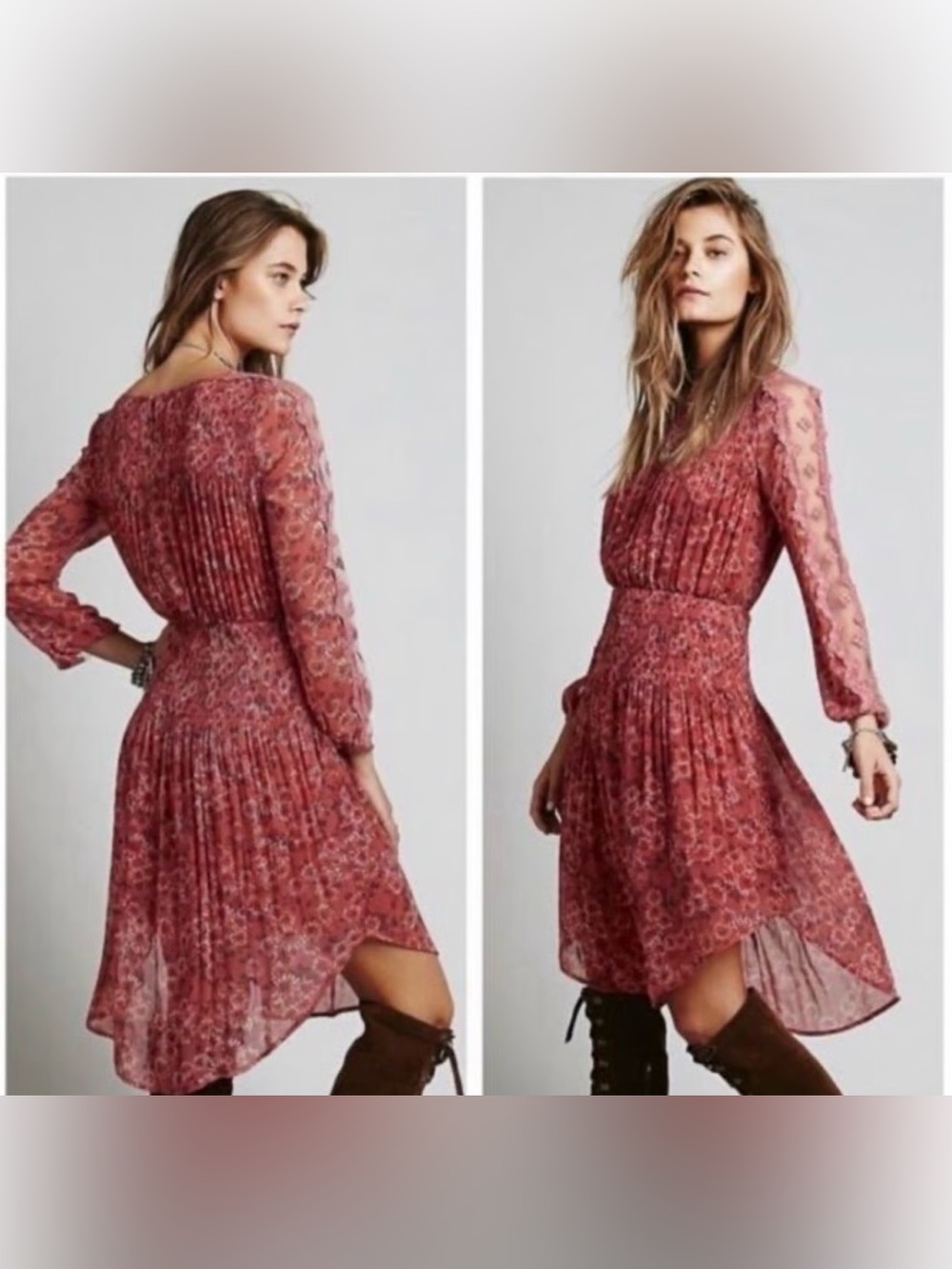 Free People Boho Lace Cold Shoulder High-Low Pleated Midi Dress Size M Oxide⁠